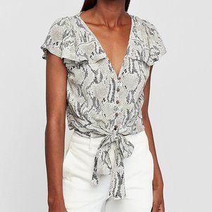 Eye-Catching Snakeskin Flutter Sleeve Tie-Front Blouse by Express XS